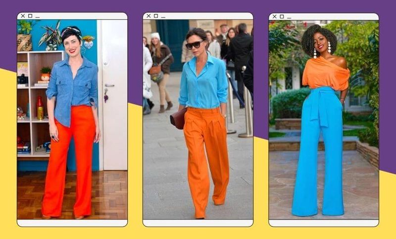 três fotos lado a lado de mulheres usando roupas nas cores azul e laranja