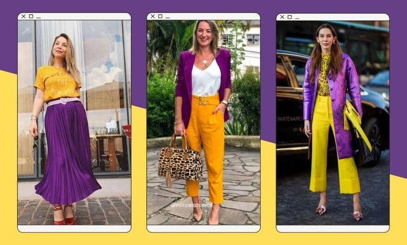 três fotos lado a lado de mulheres usando roupas nas cores amarelo e roxo