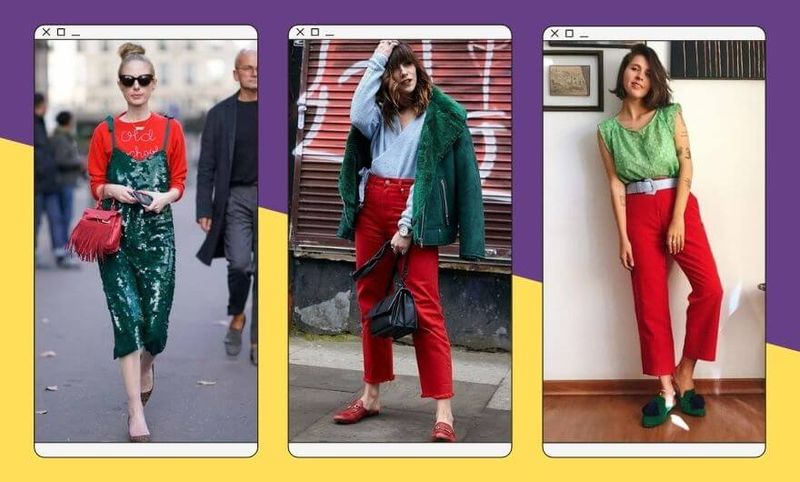 três fotos lado a lado de mulheres usando roupas e acessórios nas cores vermelho e verde