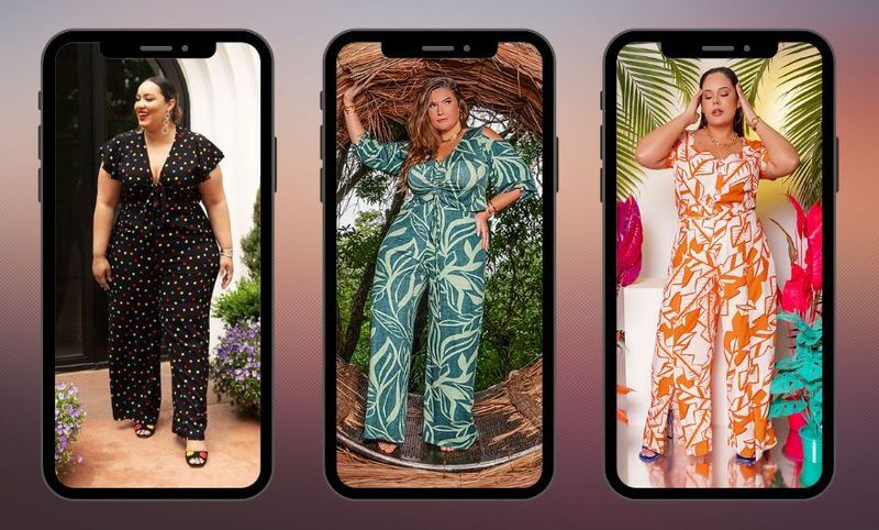 tres fotos lado a lado de tres mulheres usando look com macacao estampado plus size